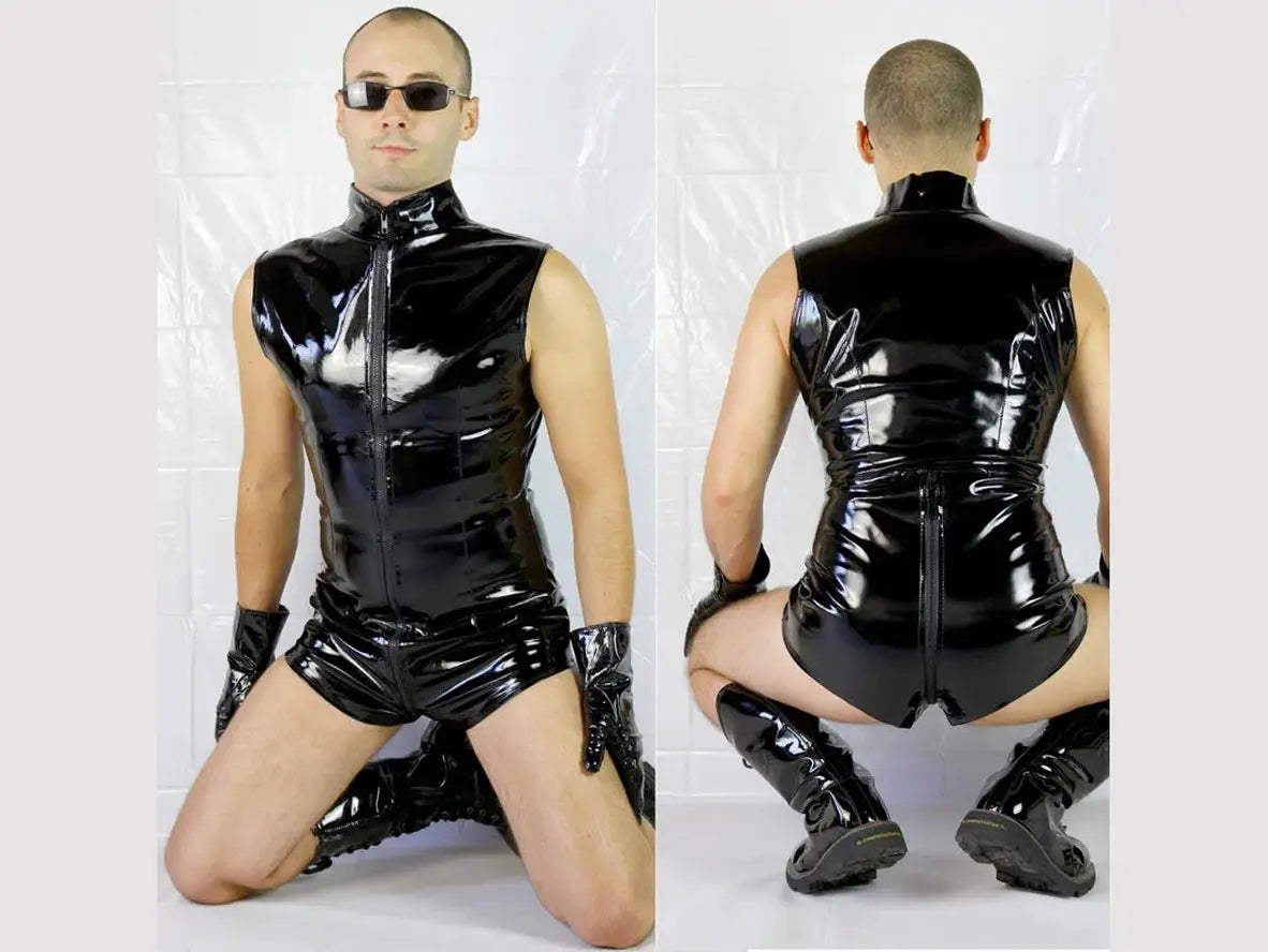 Gay Bodysuits | Clubwear Wet Look Faux Leather Zipper Bodysuit