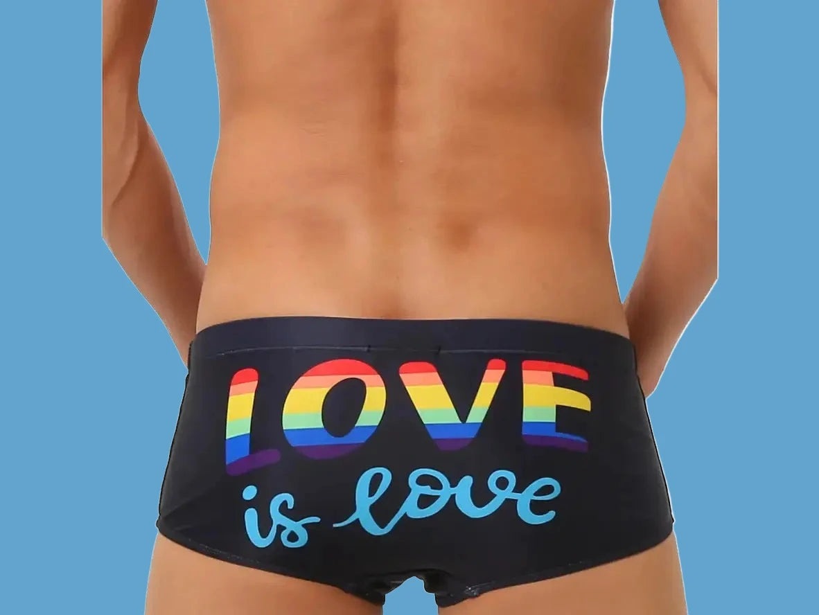 Gay Swim Trunks | UXH "LOVE IS LOVE" Pride Black Trunks