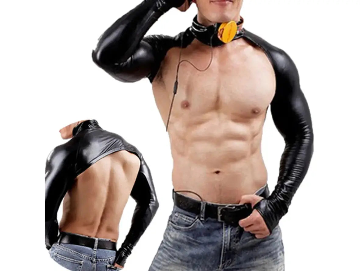Gay Clubwear | Faux Leather Long Sleeve Shoulder Strap Crop Top