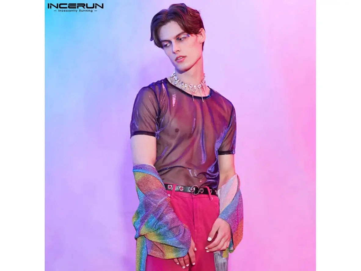 Gay Fashion Tops | INCERUN Sexy See-Through Mesh Top T-Shirt