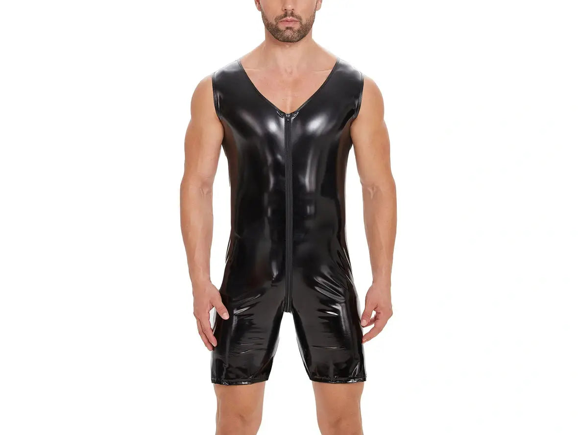Gay Bodysuits | Double Zipper Open Crotch Shiny Bodysuit