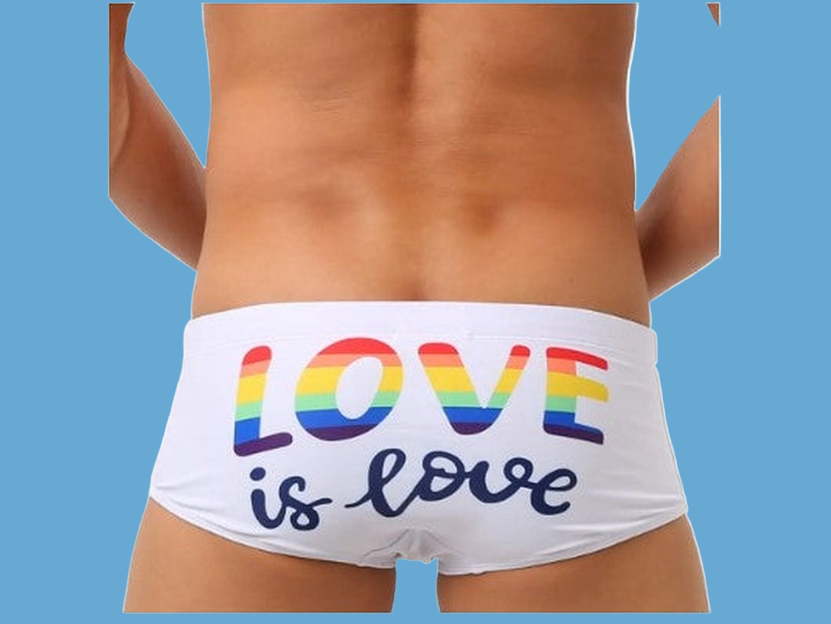 Gay Swim Trunks | UXH "LOVE IS LOVE" Pride White Swim Trunks