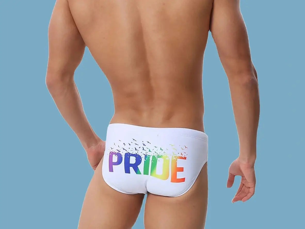 Gay Swim Briefs | LGBTQ+ Pride Pushup Pad White Swim Briefs