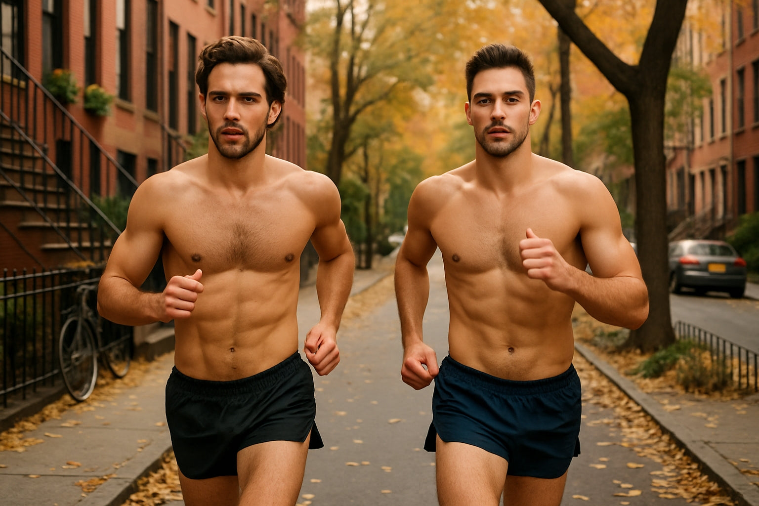 AI-generated image of two shirtless gay men running on a street with autumn foliage.