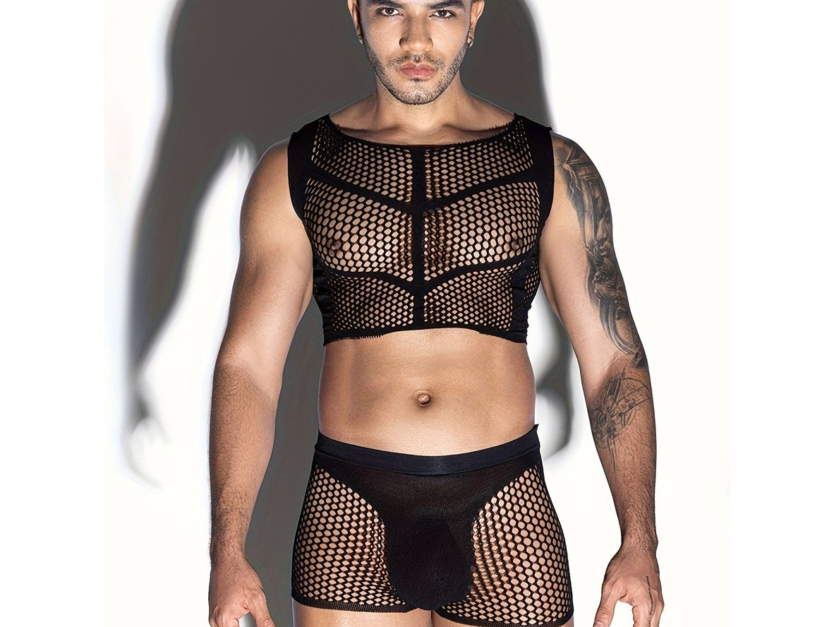 Gay Bodystockings | Clubwear 2pcs Set: Fishnet Hollow Sleeveless Slim Tight Tops + Underpants