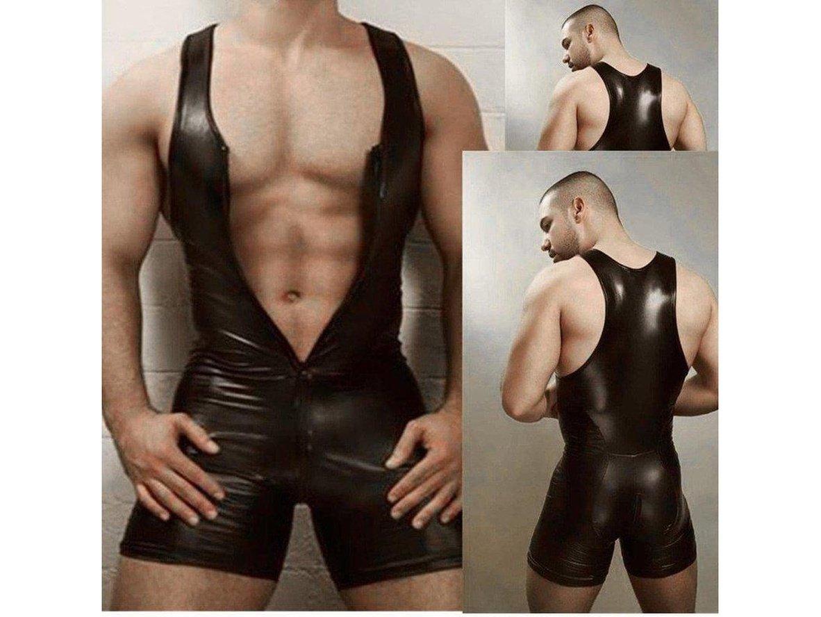 Gay Bodysuits | Clubwear Black Faux Leather Zipper Bodysuit