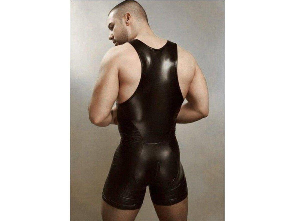 Gay Bodysuits | Clubwear Black Faux Leather Zipper Bodysuit