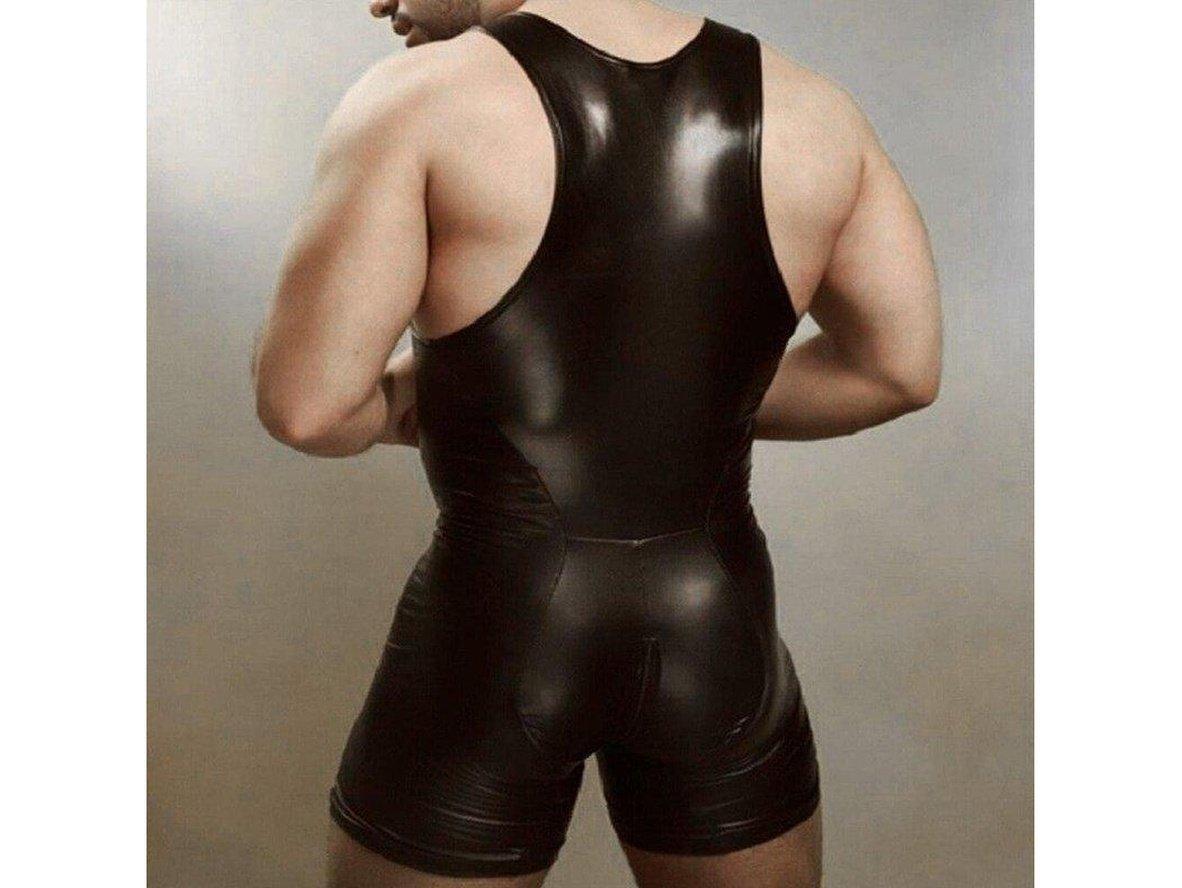 Gay Bodysuits | Clubwear Black Faux Leather Zipper Bodysuit