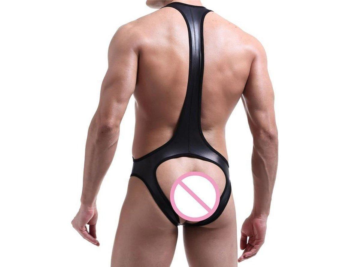 Gay Bodysuits | Faux Leather Open Back Jockstrap Bodysuit