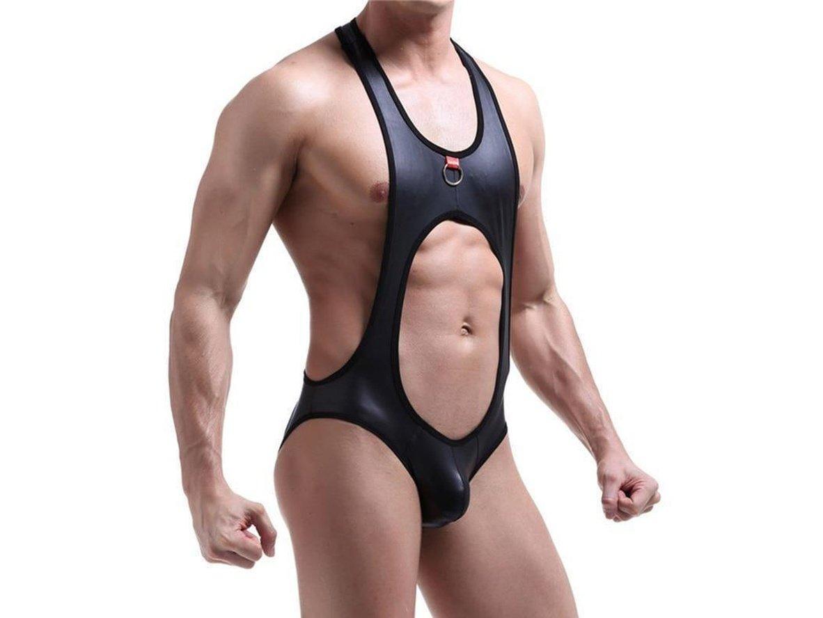 Gay Bodysuits | Faux Leather Open Back Jockstrap Bodysuit