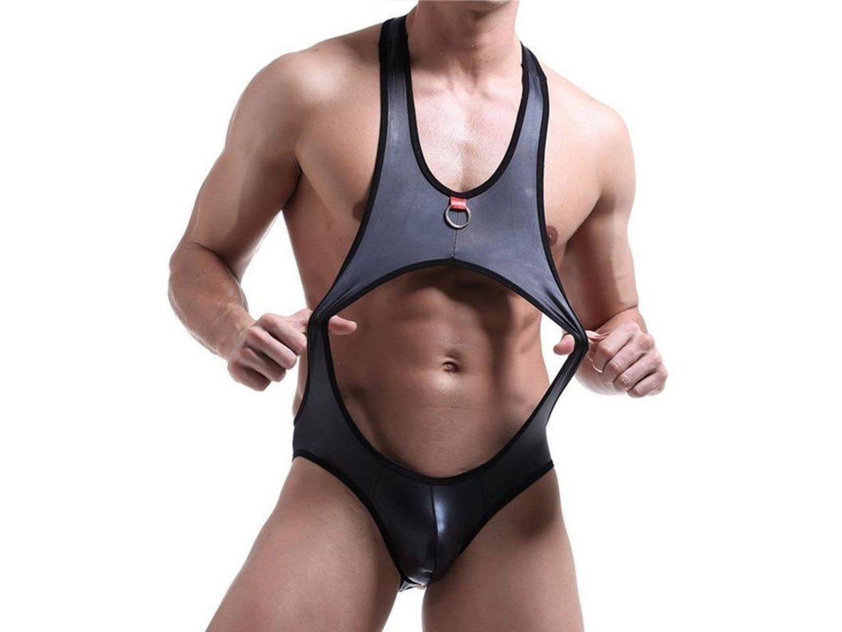 Gay Bodysuits | Faux Leather Open Back Jockstrap Bodysuit