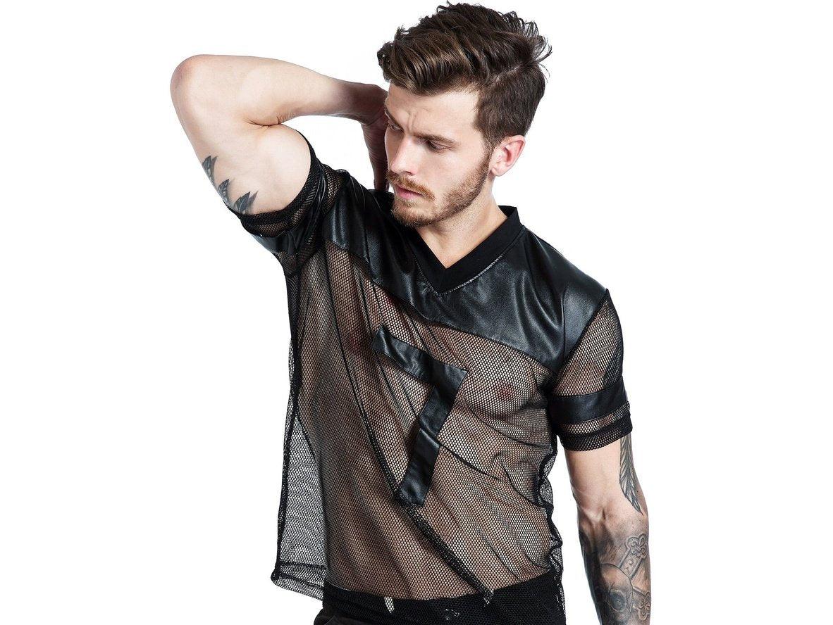 Gay Clubwear | CLEVER-MENMODE Mesh Faux Leather Short Sleeve Top