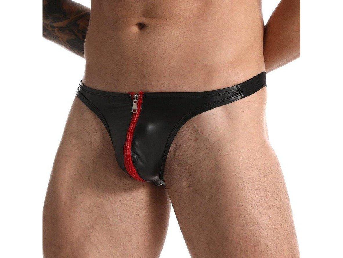 Gay Thongs | CAVE HERO Underwear Zipper Black Faux Leather Thong