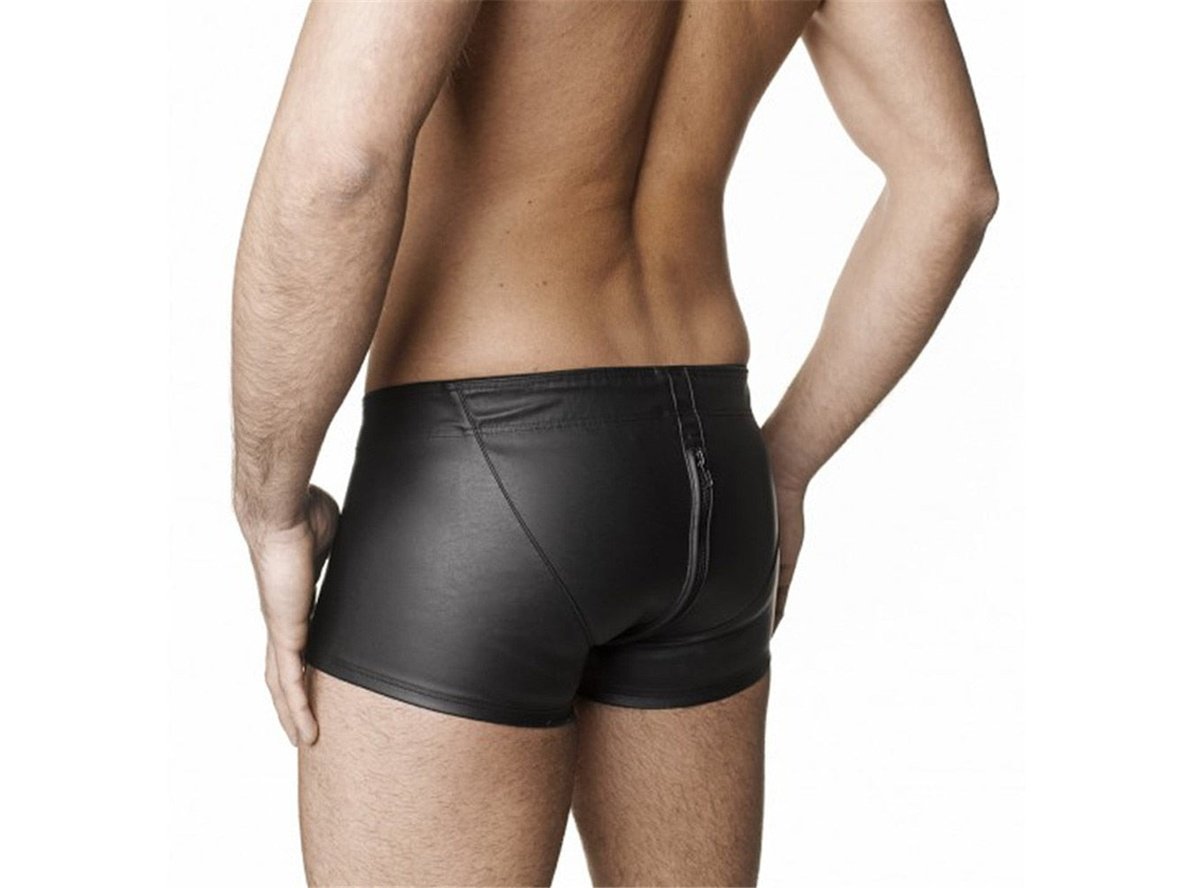 Gay Boxer Briefs | Clubwear Faux Leather Open Crotch Zipper Back Boxers