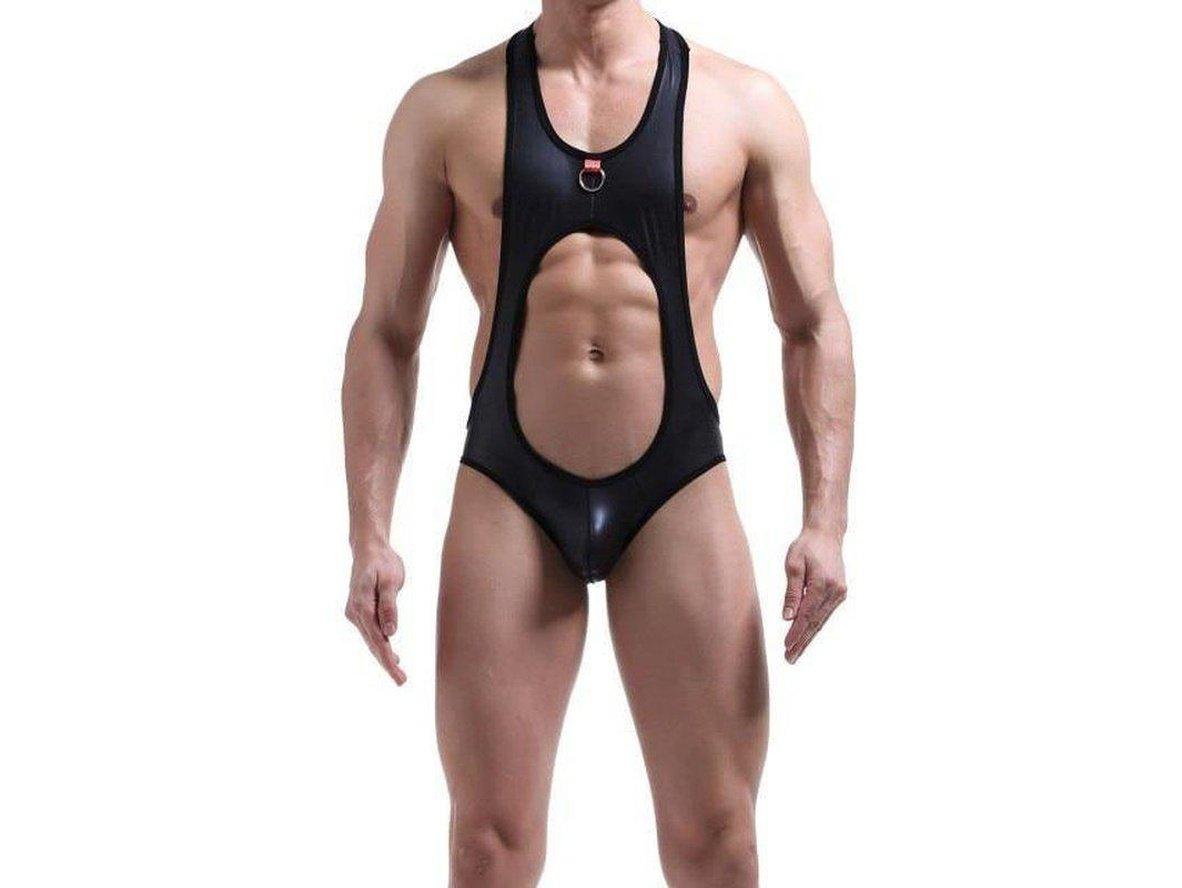 Gay Bodysuits | Faux Leather Open Back Jockstrap Bodysuit