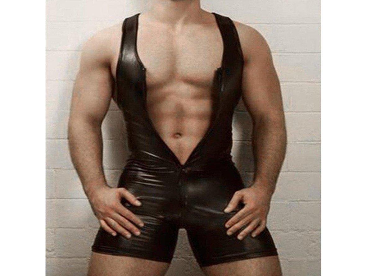 Gay Bodysuits | Clubwear Black Faux Leather Zipper Bodysuit
