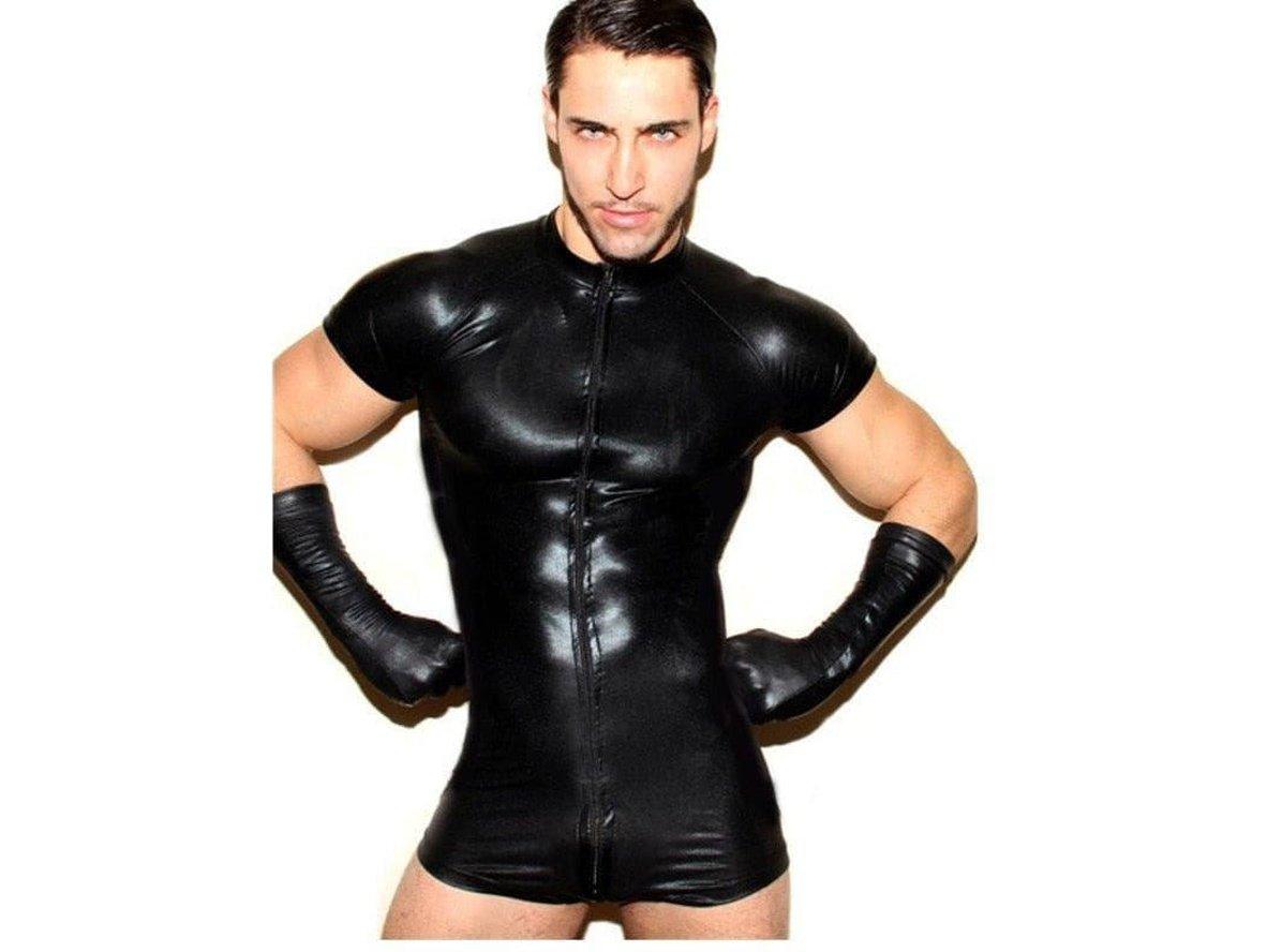 Gay Bodysuits | Clubwear Faux Leather Zipper Short Sleeve Bodysuit