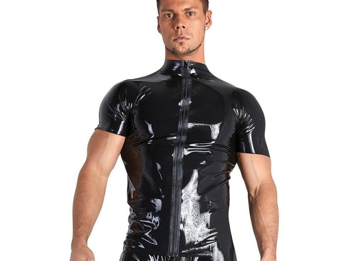 Mens Wetlook PVC Leather Tops Black Short Sleeve Zipper Clubwear