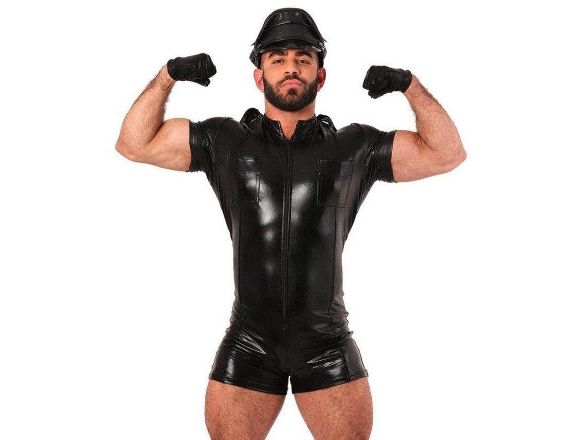 Gay Costumes | Sexy Police Men Costume Faux Leather Zipper Bodysuit